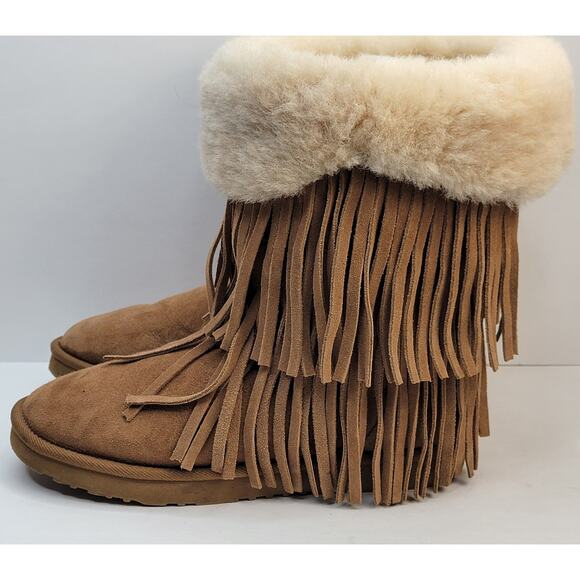 Koolaburra UGG 8M Haley Shearling Fringe Boots Tan Sheepskin Suede Winter Boho - Picture 2 of 11